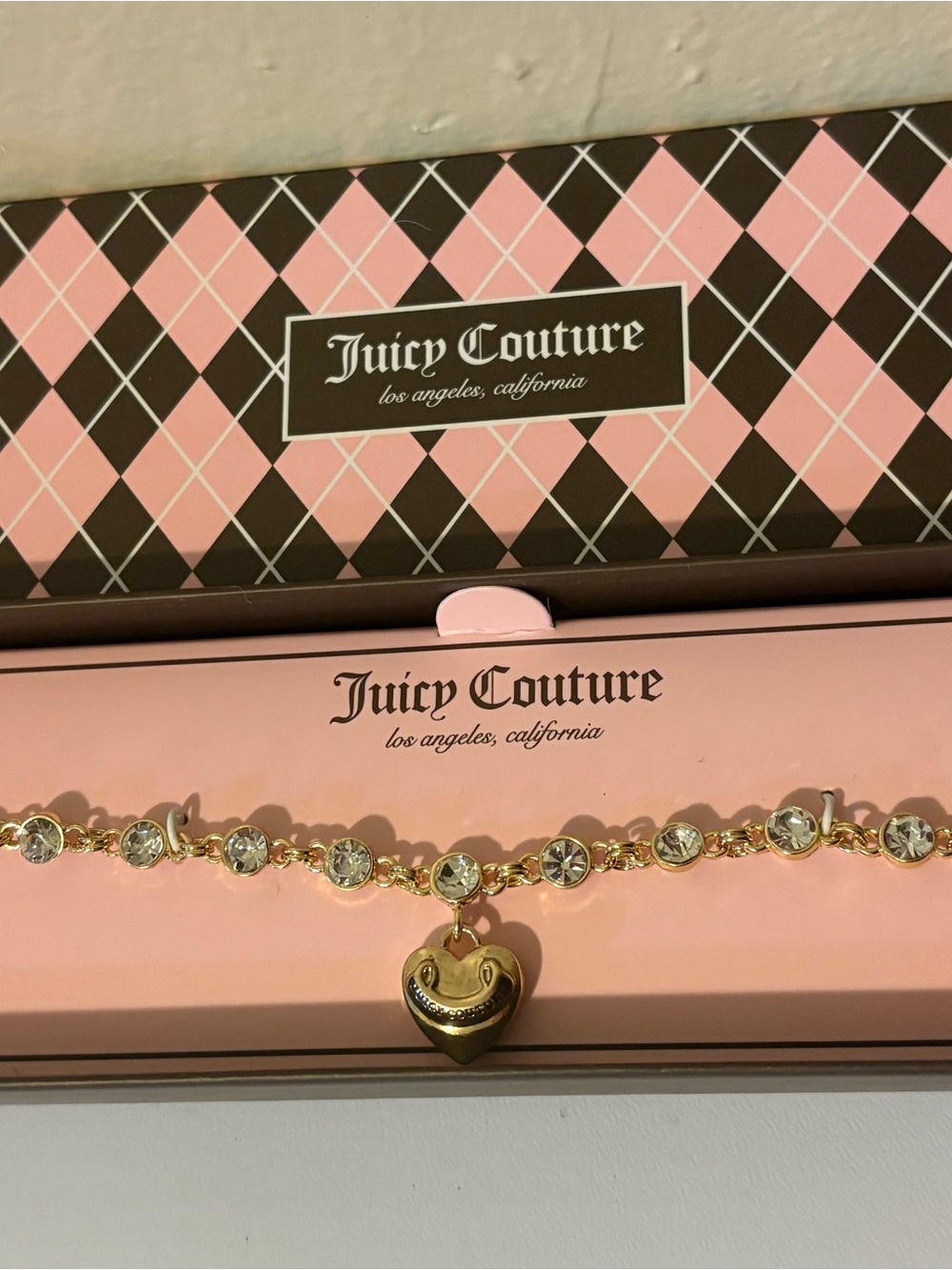 Juicy Couture Gold-Tone Crystal Chain Bracelet with Heart Charm - Pink Accents
